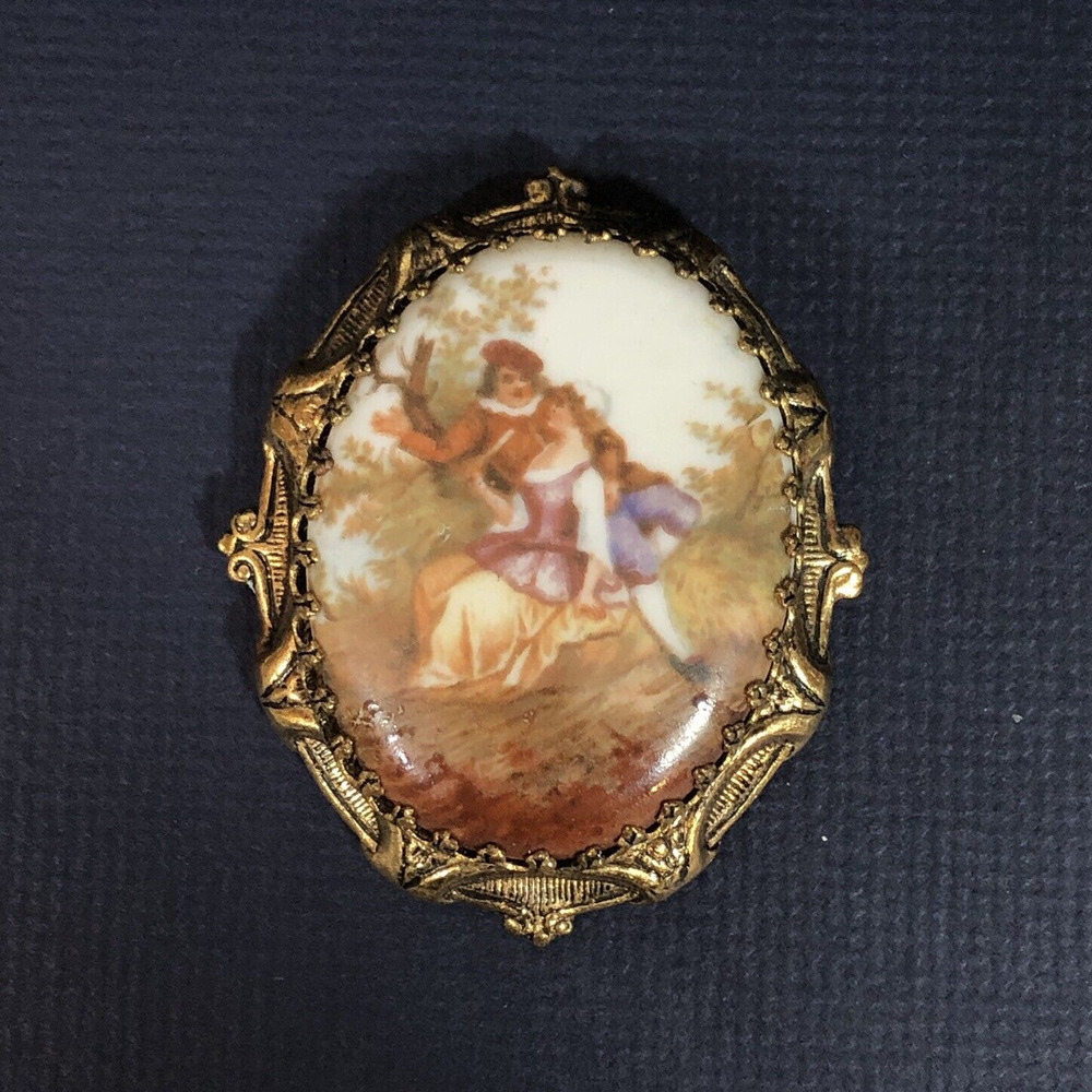Vintage Oval Dress Clip Renaissance Couple Man Woman Brass Color Retro